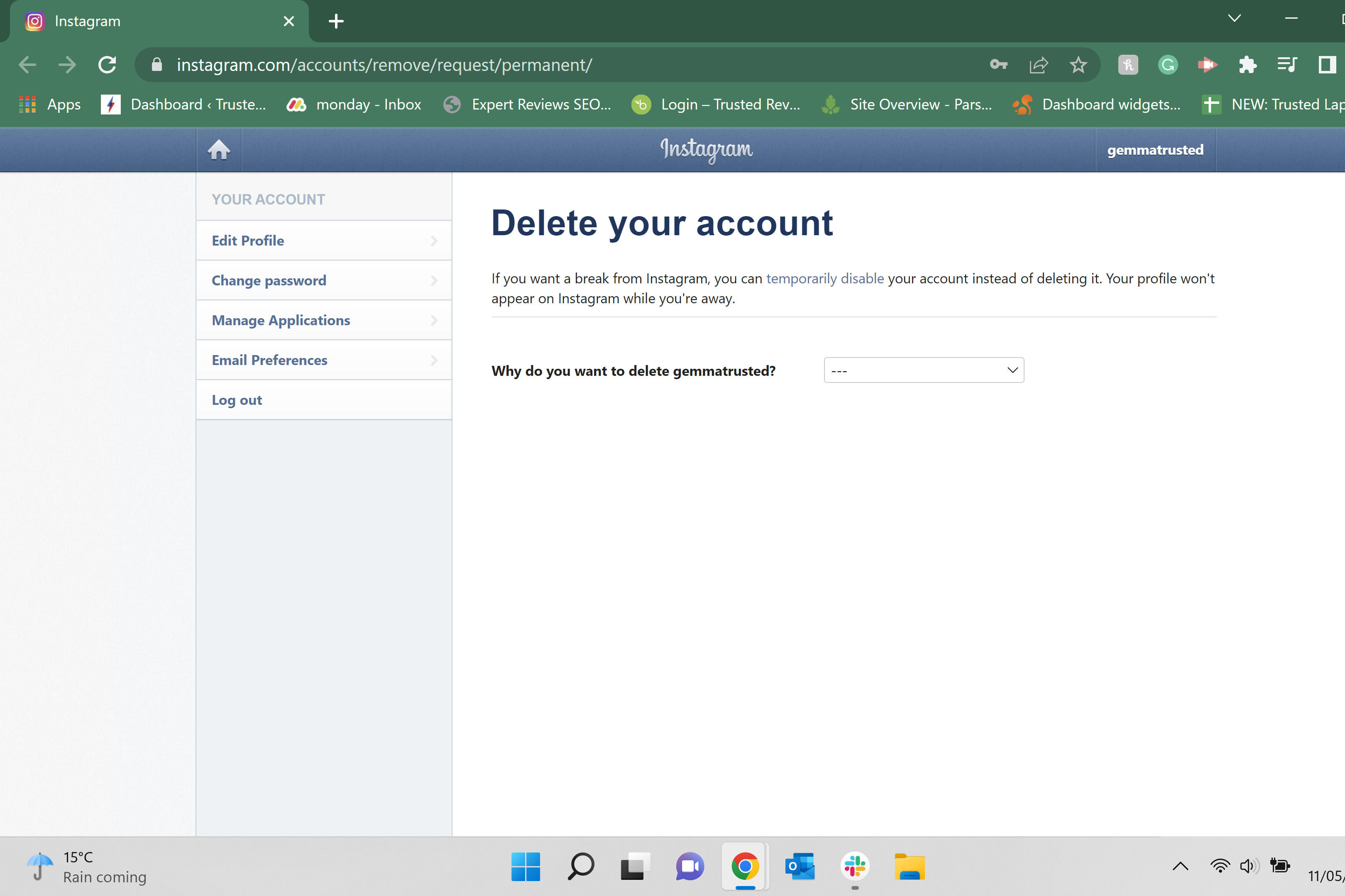 How to delete your Instagram account on windows