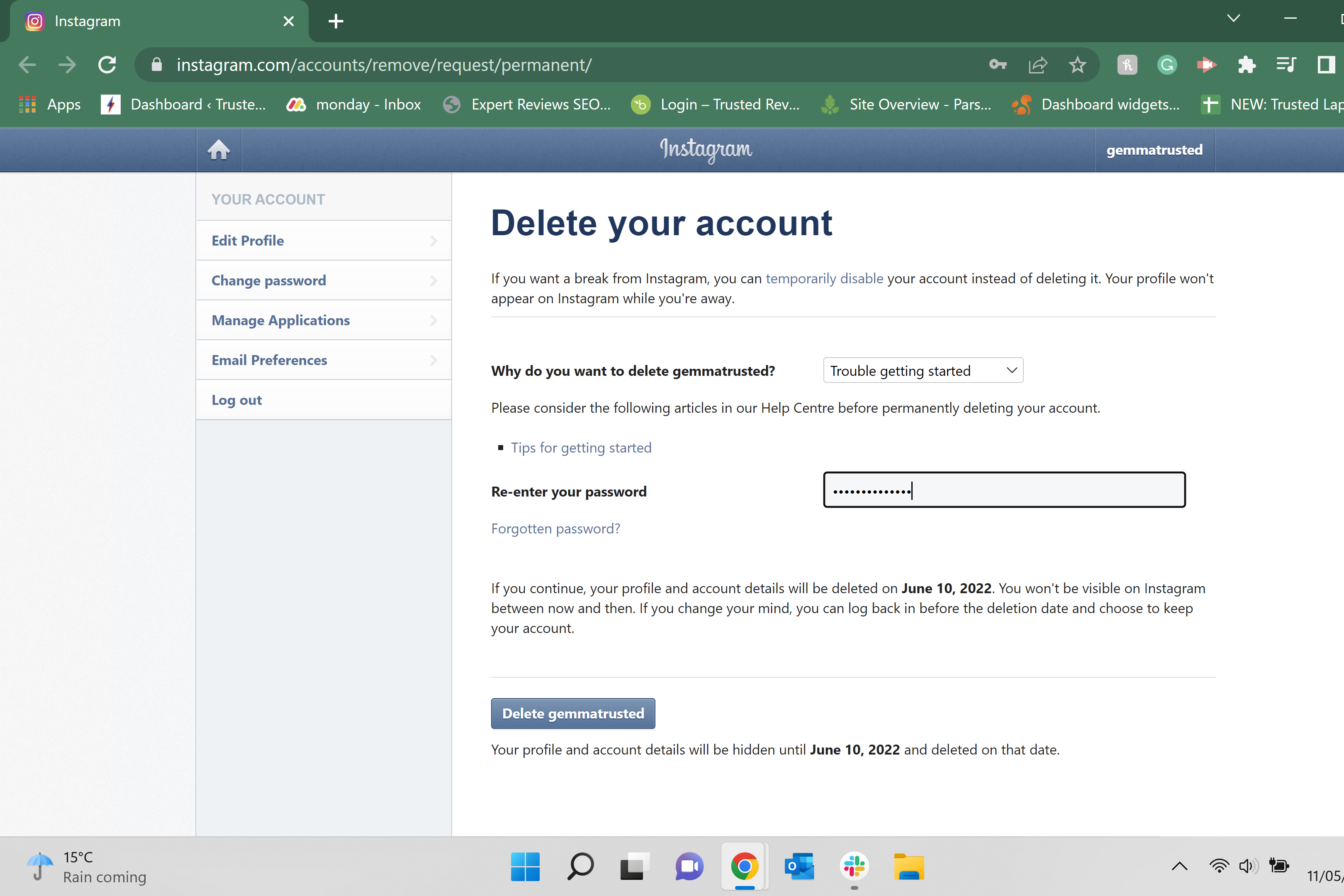 How to delete your Instagram account on windows